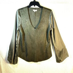 Liberty Garden Sz Small Top Faux Suede Bodice Satin Flare Sleeves Stitch Details